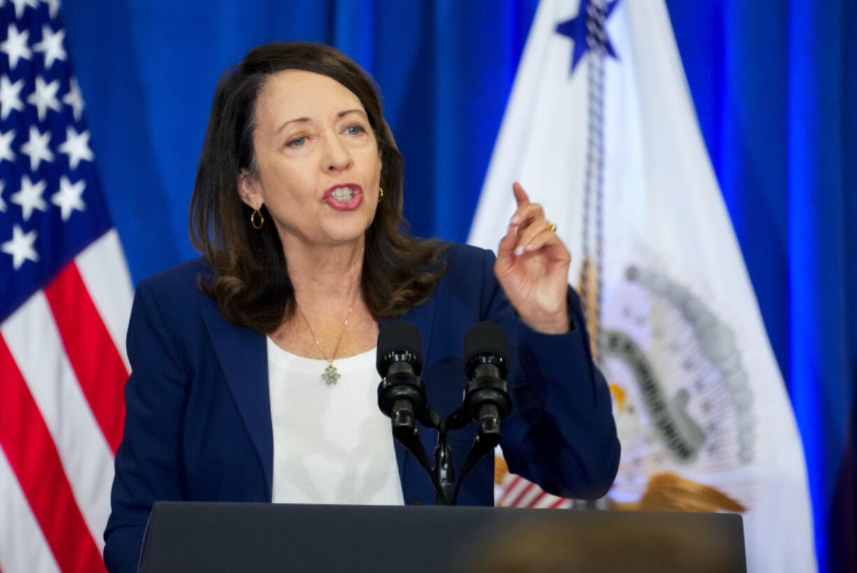 FILE - Sen. Maria Cantwell, D-Wash., speaks at an event, Aug. 15, 2023, in Seattle. TikTok&rsquo;s extensive lobbying campaign is the latest tech industry push since the House passed legislation that would ban the popular app if its China-based owner doesn&rsquo;t sell its stake. Cantwell, the Senate Commerce Committee Chairwoman, has so far been reluctant to embrace the TikTok bill, calling for hearings first and suggesting that the Senate may want to rewrite it.