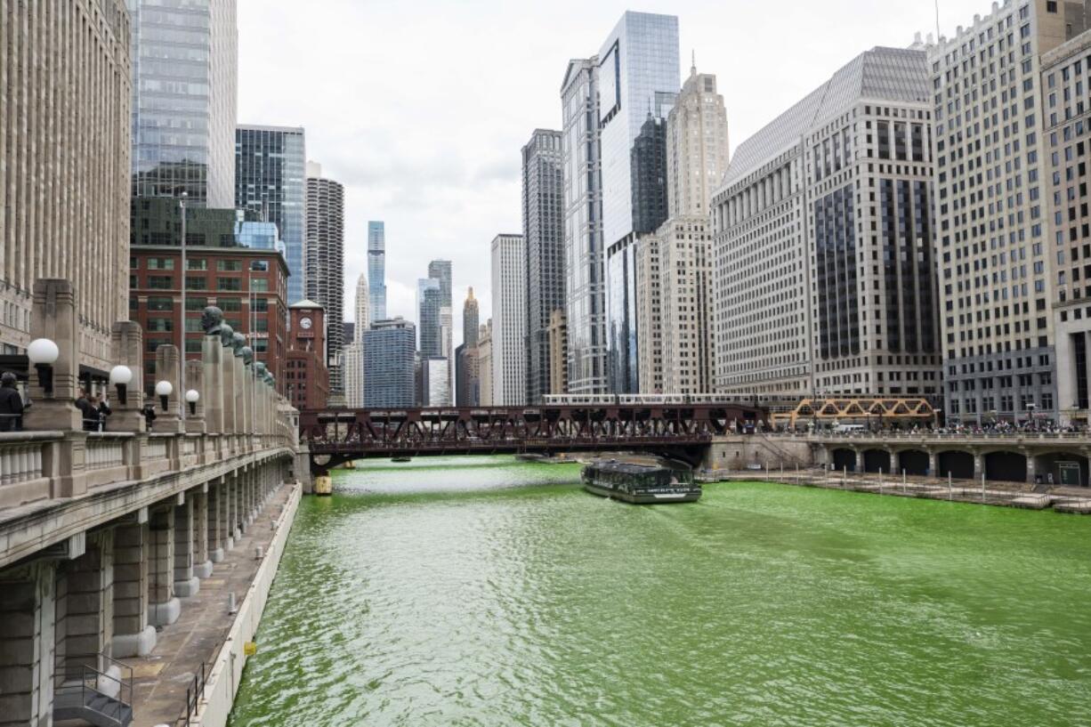 The Chicago River is dyed green for St. Patrick&#039;s Day celebrations Saturday, March 17, 2024.