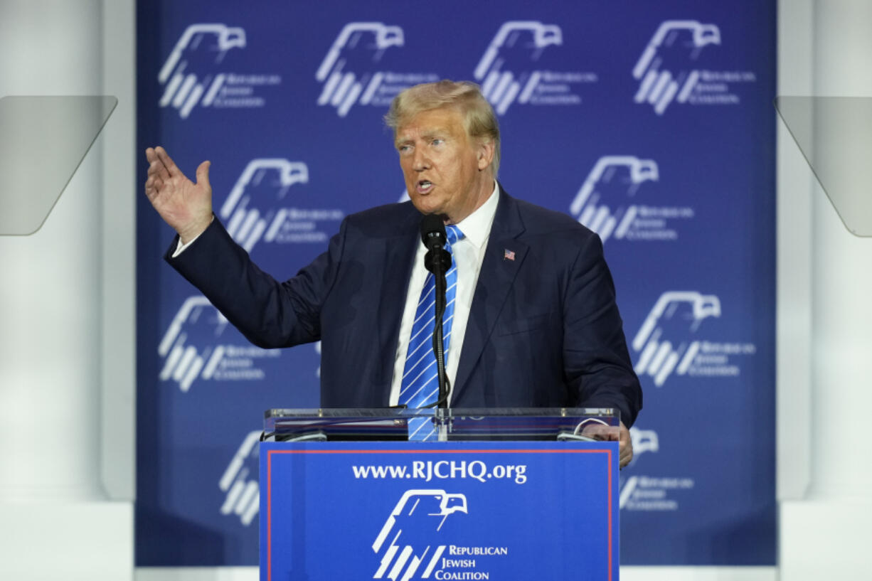 FILE - Republican presidential candidate and former President Donald Trump speaks at an annual leadership meeting of the Republican Jewish Coalition, Saturday, Oct. 28, 2023, in Las Vegas.