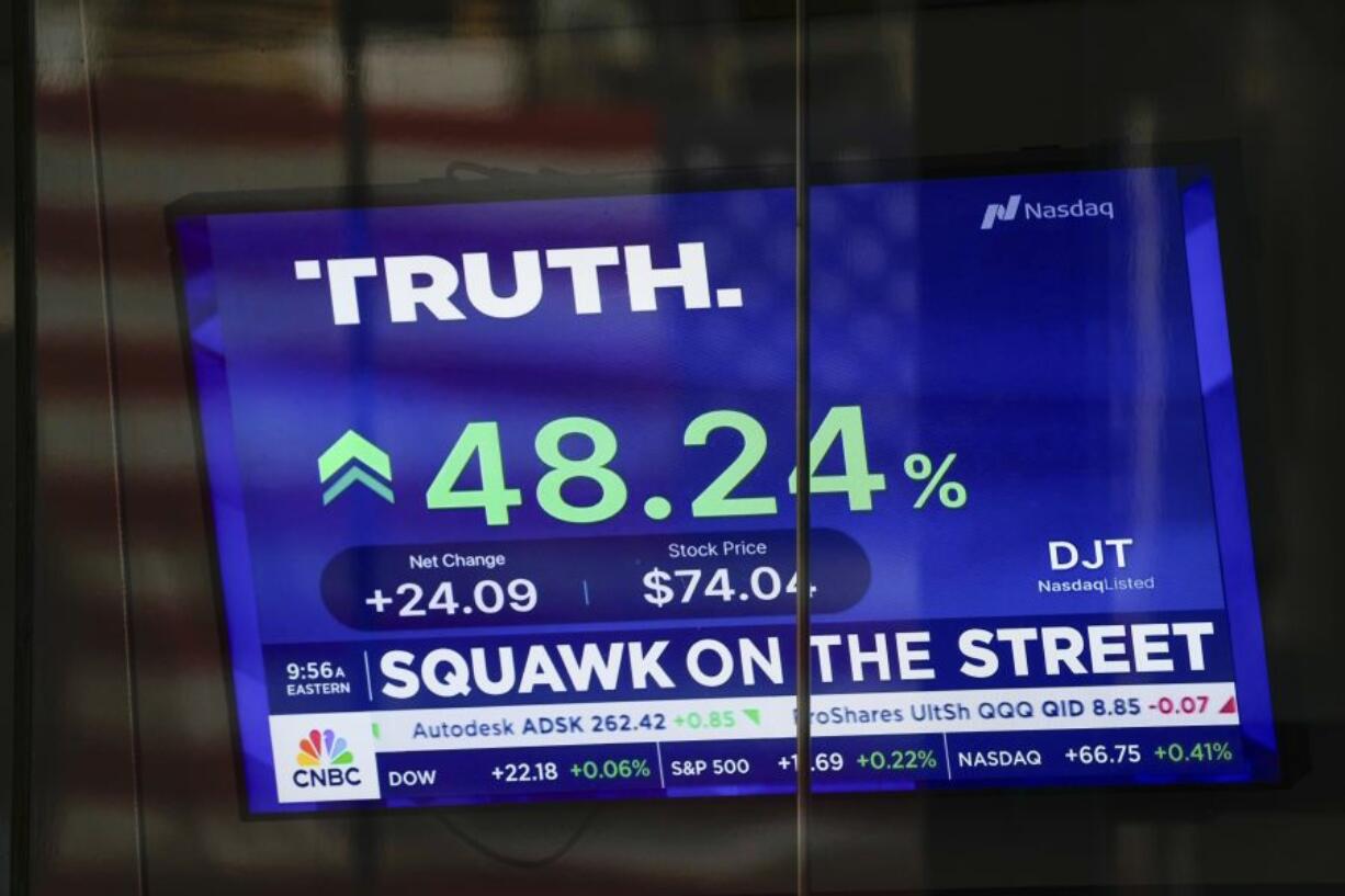 The stock price for Truth Social is shown at the Nasdaq building Tuesday, March 26, 2024, in New York. Trump Media, which runs the social media platform Truth Social, now takes Digital World&rsquo;s place on the Nasdaq stock exchange.