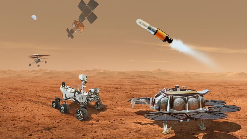 This illustration shows a concept for multiple robots that would team up to bring samples of rocks and soil — being collected from the Martian surface by NASA’s Mars Perseverance rover — back to Earth.