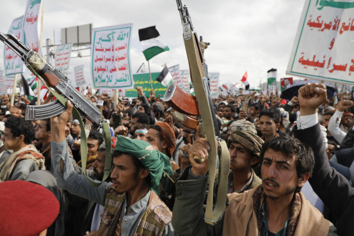 Houthi supporters attend a rally against the U.S. airstrikes on Yemen and the Israeli offensive against the Palestinians in Gaza SAtrip, in Sanaa, Yemen, Friday, March 8, 2024.