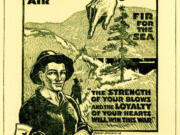 A 1917 poster promotes the 4L, or Legion of Loyal Loggers and Lumbermen. Backed by the government, the union was started to prevent the International Workers of the World to gain enough strength to disrupt spruce production. The wood was essential in the manufacturing of early military aircraft.