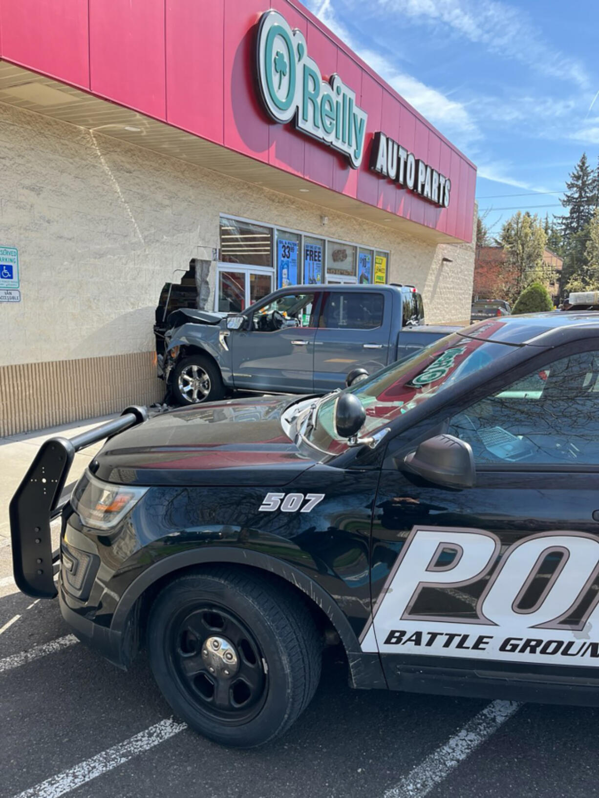 A pickup that crashed into O&rsquo;Reilly Auto Parts on Monday afternoon in Battle Ground. Police said the driver suffered minor injuries, and city officials closed the business until the building&rsquo;s structure can be fully evaluated.