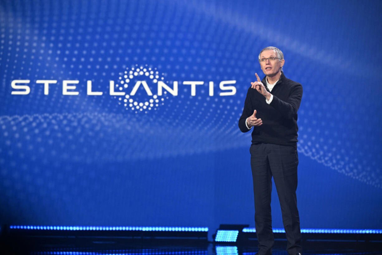 Stellantis CEO Carlos Tavares speaks during a keynote address at the Consumer Electronics Show in Las Vegas on Jan. 5, 2023.