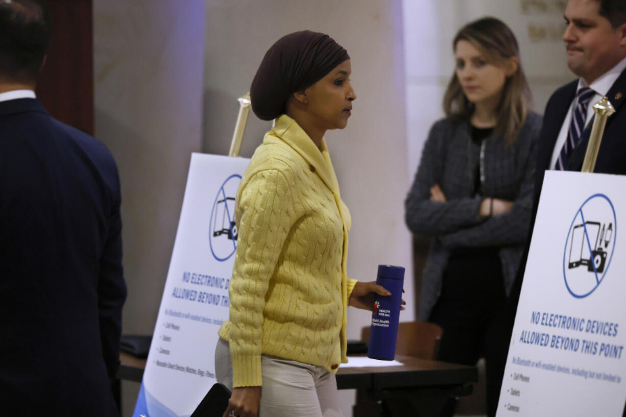 Rep. Ilhan Omar (D-MN), one of only three Muslims serving in Congress, arrives for a classified closed-door briefing about Hamas&rsquo; attack on Israel in the Capitol Visitors Center Auditorium on Oct. 11, 2023, in Washington, DC. The members of Congress heard from Acting Deputy Secretary of State Victoria Nuland and Joint Chiefs of Staff Director for Operations Lt. Gen. Douglas A. Sims II, among others, about the ongoing war between Israel and Hamas, which controls the Gaza Strip.