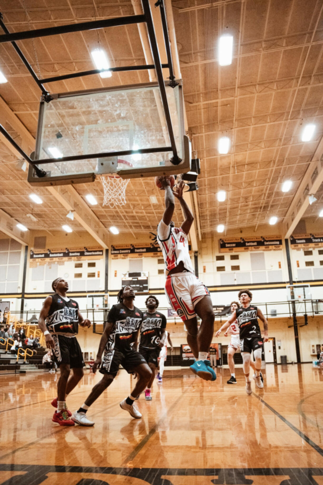 Vancouver Volcanoes guard Elijah Ford grabs a rebound in a game against the Wenatchee Bighorns on Saturday, April 6, 2024 at Hudson&rsquo;s Bay High School.
