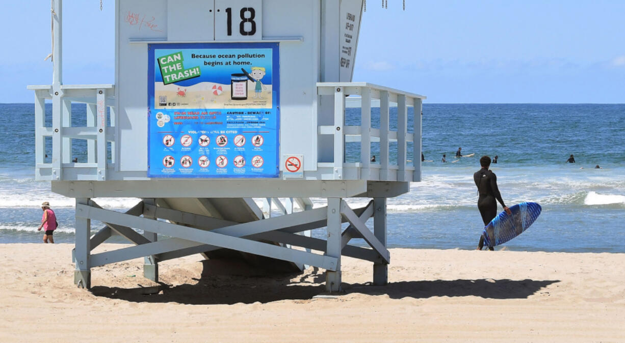 A sign at a Venice Beach lifeguard tower suggests keeping the beach environment clean on June 8, 2021, in Los Angeles, California where World Oceans Day is celebrated with a beach cleanup. - The purpose of World Oceans Day, according to the United Nations, is to inform the public of the impact of human actions on the ocean, which covers over 70 percent of the Earth&rsquo;s surface, with over three billion people dependant on marine life and coastal biodiversity for their livelihoods. (Frederic J.
