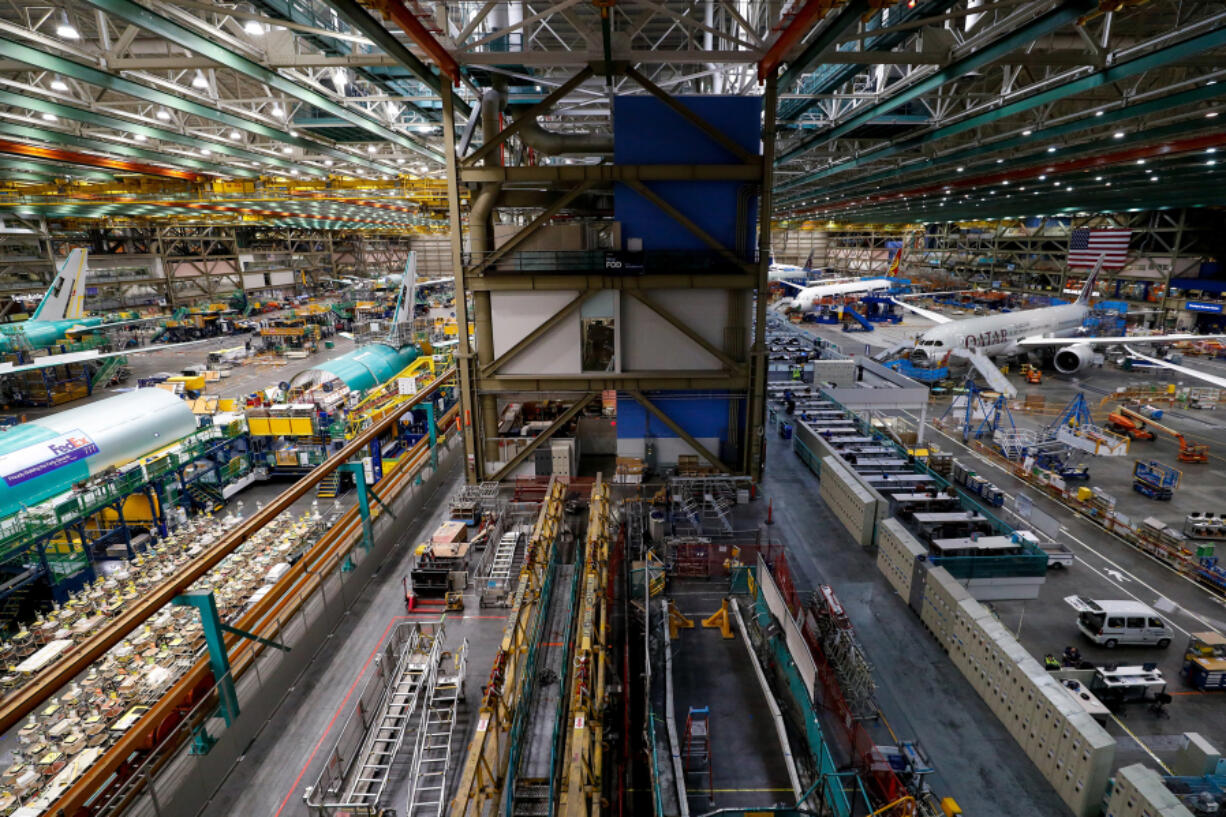 The 777 factory line, left, is seen next to the 787 line, right, at Boeing&Ccedil;&fnof;&Ugrave;s Everett Production Facility on June 15, 2022, in Everett, Washington.