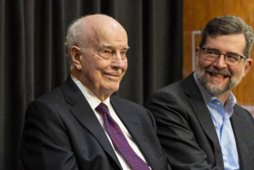 Former Governor Dan Evans (L) listens on stage next to John Carmichael, president of the Evergreen State College, during an event hosted by the Northwest Power and Conservation Council at the Evergreen State College in Olympia, April 9, 2024. Evans, 98, was Washington state&Ccedil;&fnof;&Ugrave;s 16th governor, from 1965 to 1977, and was a U.S. senator from 1983 to 1989.