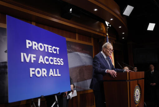 U.S. Senate Majority Leader Chuck Schumer (D-NY) speaks during a news conference at the U.S. Capitol on protections for access to in vitro fertilization on Feb. 27, 2024, in Washington, DC. During the news conference U.S. Sen. Tammy Duckworth (D-IL) said she would reintroduce her legislation &ldquo;Access to Family Building Act&rdquo; in response to Alabama&rsquo;s State Supreme Court ruling that stated frozen embryos created during IVF are considered children. The news conference was also attended by Sen. Tammy Baldwin (D-WI), Sen. Amy Klobuchar (D-MN), and Sen. Patty MUrray (D-WA).