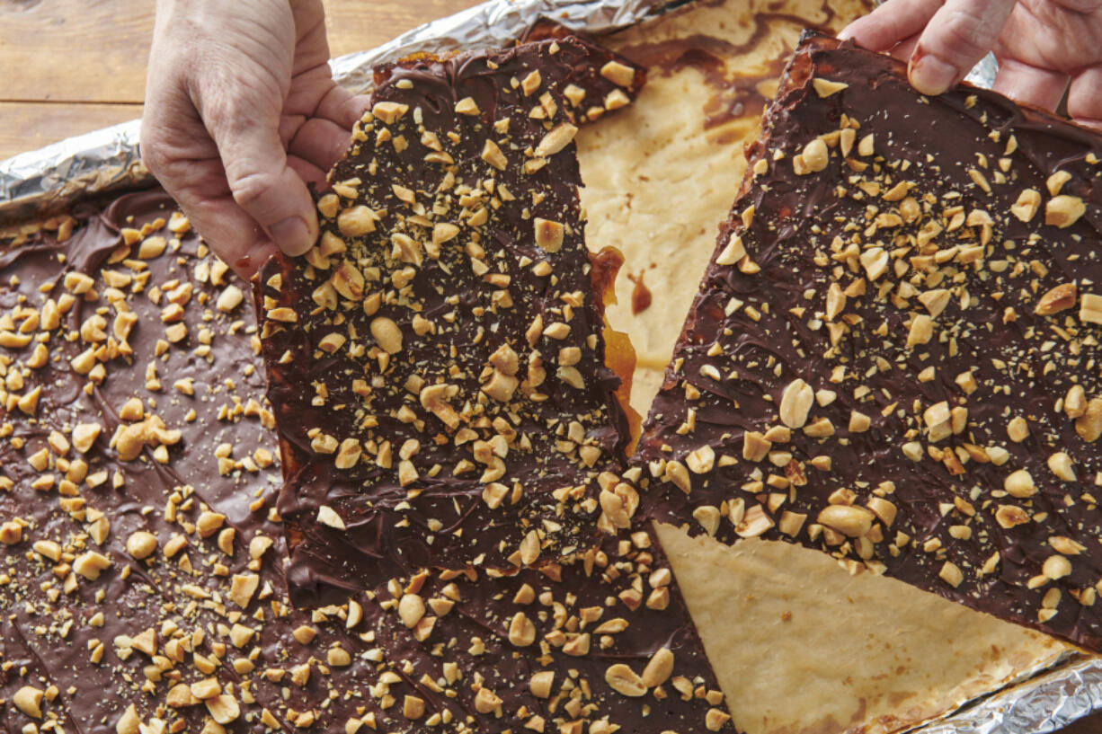 Chocolate-covered caramel matzo, also known as Matzoh Buttercrunch, has become a popular Passover dessert.