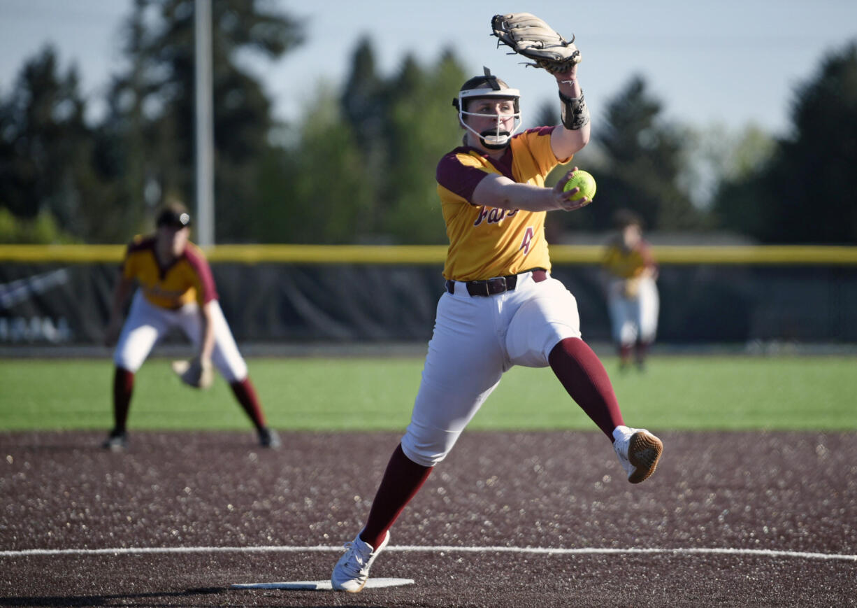 Prairie's Rylee Wall winds up for a pitch against Heritage during a 3A GSHL softball game on Tuesday, April 23, 2024, at Heritage High School.