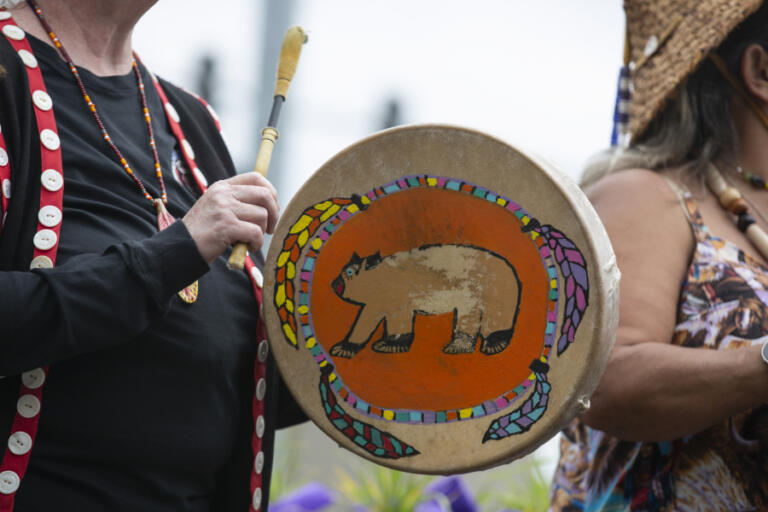 The Cowlitz Indian Tribe Drum Group performs before the April 20 unveiling of the new Grandmother Camus statue at the intersection of St. Johns and East Fourth Plain boulevards.