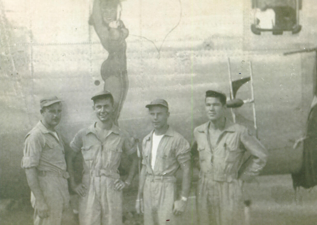 The author&rsquo;s late father, Clive Wienker, is at far right in this photo of the crew of the &ldquo;True Love,&rdquo; a B-24 Liberator, on Guam during World War II.
