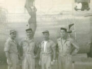 The author&rsquo;s late father, Clive Wienker, is at far right in this photo of the crew of the &ldquo;True Love,&rdquo; a B-24 Liberator, on Guam during World War II.