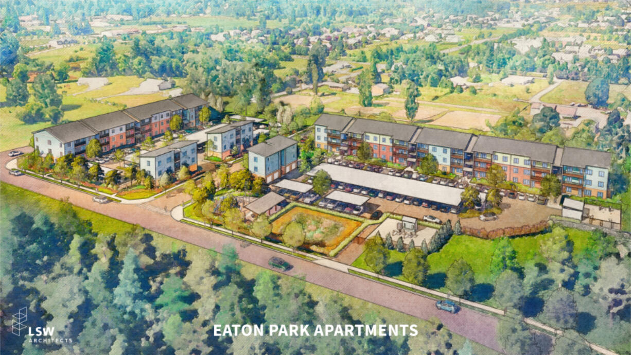 A rendering of Eaton Park, a 95-unit affordable housing complex planned for Battle Ground. It's unclear whether the project will continue after a proposal was rejected by the Battle Ground City Council.