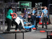 Members of the Skyview StormBots, the high school&rsquo;s robotics team, take part in a robotics competition in Portland in early April. The team is preparing to compete in the FIRST (For Inspiration and Recognition of Science and Technology) Championship in Houson.