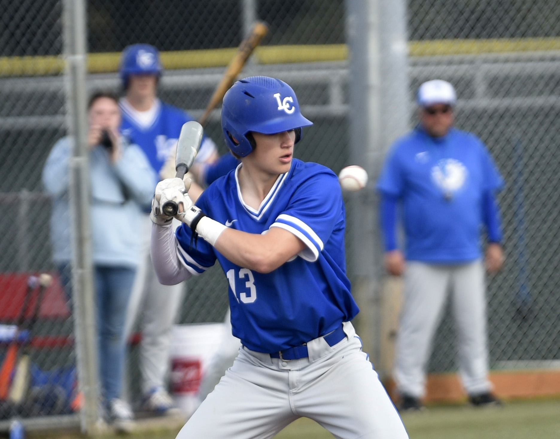 Houston Coyle of La Center watches a pitch sail by during the Wildcats' 8-4 win over Seton Catholic in a Trico League baseball game at Harmony Sports Complex on Friday, April 12, 2024.