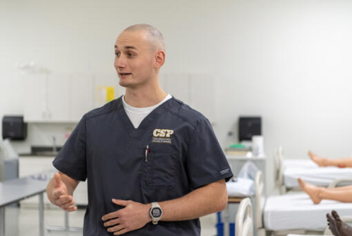 Nursing student and Vancouver resident Magnus Kofoed talks about his schooling experience Wednesday at Concordia University St. Paul in Portland.