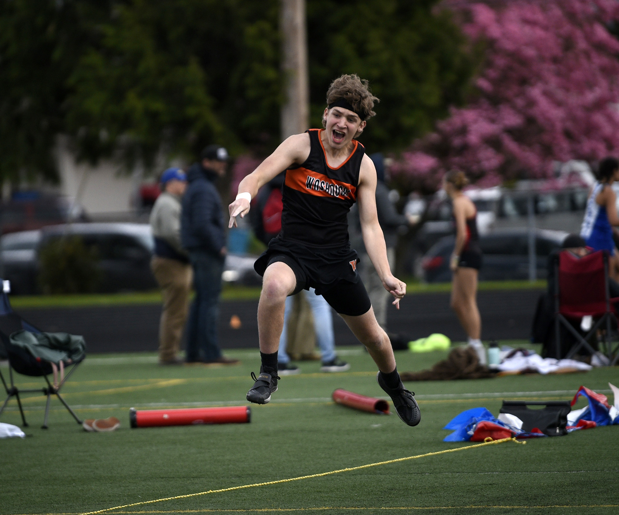 Luke Livengood of Washougal shouts while competing in the boys javelin at the Panther Invitational track and field meet at Washougal High School on Friday, April 26, 2024.