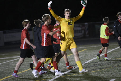 Camas goalkeeper Will Taves (00) celebrates the Papermakers' 2-1 win over Union in a 4A Greater St. Helens League boys soccer match at Doc Harris Stadium in Camas on Monday, April 29, 2024.
