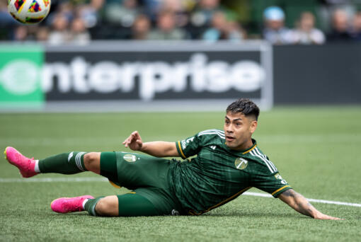 Portland Timbers forward Felipe Mora (9) watches as his shot finds the goal Saturday, April 13, 2024, during the Timbers’ 2-2 draw against Los Angeles FC at Providence Park in Portland.