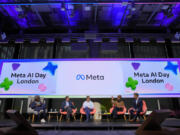 A panel, moderated by Dr. Anne-Marie Imafidon, from left, with Meta&rsquo;s Nick Clegg, president of global affairs, Yann LeCun, chief AI scientist, Joelle Pineau, vice president of AI research, and Chris Cox, chief product officer, is held at the Meta AI Day in London, April 9. Meta, Google and OpenAI, along with leading startups, are churning out new artificial intelligence language models and trying to persuade customers that they&rsquo;ve got the smartest, fastest or cheapest chatbot technology.