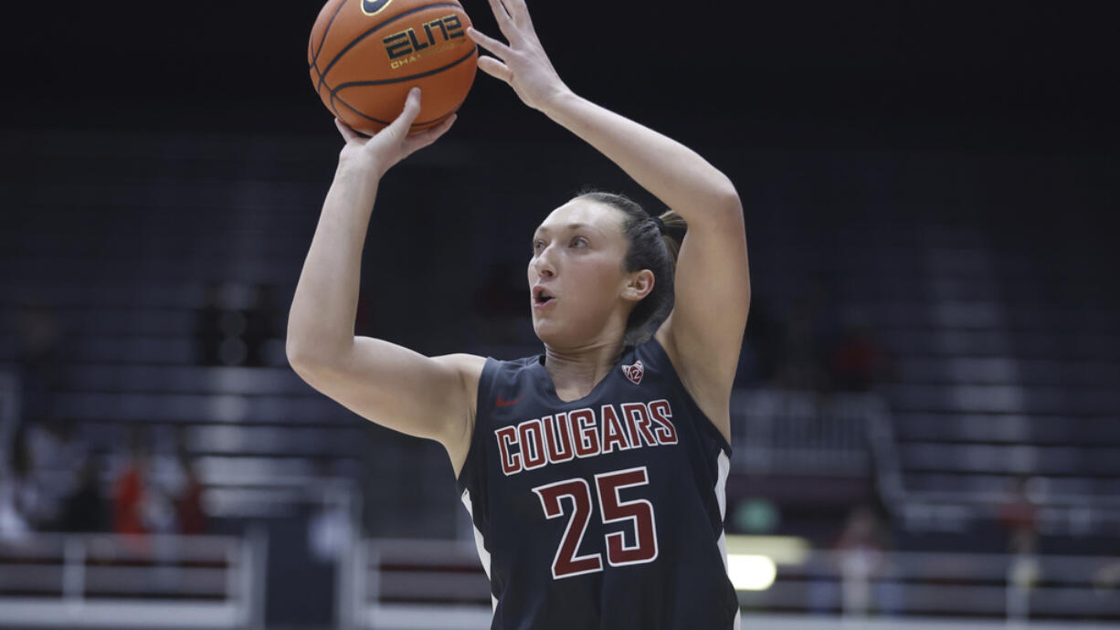 Washington State guard Beyonce Bea (25) concluded her college playing career with WSU's 81-58 loss to Illinois in the WBIT semifinals on Monday, April 1, 2024, at Indianapolis. She scored six points and four rebounds to finish with 2,130 career points and 1,096 career rebounds.