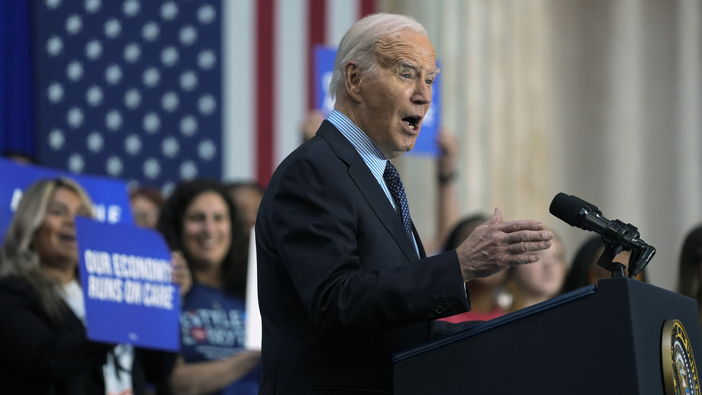 President Joe Biden delivers remarks on proposed spending on child care and other investments in the "care economy" during a rally at Union Station, Tuesday, April 9, 2024, in Washington.