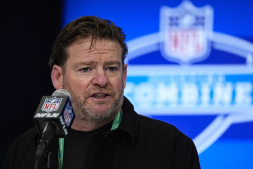 FILE - Seattle Seahawks general manager John Schneider speaks during a press conference at the NFL football scouting combine in Indianapolis, Feb. 27, 2024. For the first time in 14 years, general manager Schneider will be leaning on a new voice inside the Seattle Seahawks draft room.