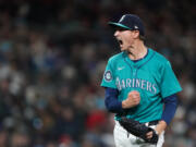 Seattle Mariners starting pitcher George Kirby reacts after striking out Arizona Diamondbacks' Eugenio Suárez to end the top of the seventh inning of a baseball game Saturday, April 27, 2024, in Seattle.