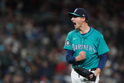 Seattle Mariners starting pitcher George Kirby reacts after striking out Arizona Diamondbacks' Eugenio Suárez to end the top of the seventh inning of a baseball game Saturday, April 27, 2024, in Seattle.