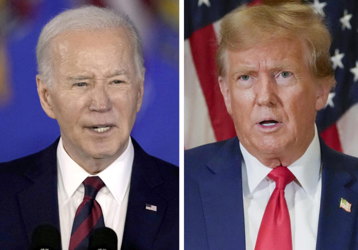 In this combination photo, President Joe Biden speaks in Milwaukee, March 13, 2024, left, and former President Donald Trump speaks in New York, Jan. 11, 2024. A new poll conducted April 4-8 from the AP-NORC Center for Public Affairs Research finds that more than half of U.S. adults think Biden&rsquo;s presidency has hurt the country on cost of living and immigration. Meanwhile, nearly half think Trump&rsquo;s presidency hurt the country on voting rights and election security, relations with foreign countries, abortion laws and climate change.
