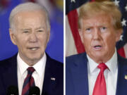 In this combination photo, President Joe Biden speaks in Milwaukee, March 13, 2024, left, and former President Donald Trump speaks in New York, Jan. 11, 2024. A new poll conducted April 4-8 from the AP-NORC Center for Public Affairs Research finds that more than half of U.S. adults think Biden&rsquo;s presidency has hurt the country on cost of living and immigration. Meanwhile, nearly half think Trump&rsquo;s presidency hurt the country on voting rights and election security, relations with foreign countries, abortion laws and climate change.