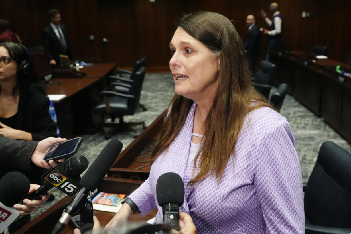 Arizona Rep. Stephanie Stahl Hamilton, D-Tucson, speaks to reporters after a vote on the proposed repeal of Arizona&rsquo;s near-total ban on abortions prior to won approval from the state House Wednesday, April 24, 2024, in Phoenix. (AP Photo/Ross D.