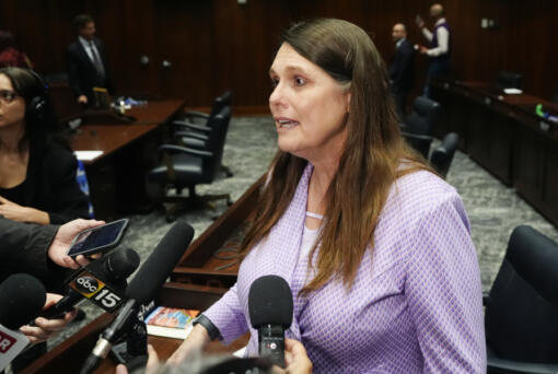 Arizona Rep. Stephanie Stahl Hamilton, D-Tucson, speaks to reporters after a vote on the proposed repeal of Arizona&rsquo;s near-total ban on abortions prior to won approval from the state House Wednesday, April 24, 2024, in Phoenix. (AP Photo/Ross D.