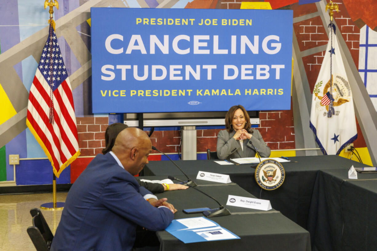 Vice President Kamala Harris visits William Cramp Elementary School on Monday, April 8, 2024 in Philadelphia. Harris went to Pennsylvania, a battleground state,  to promote debt relief in a meeting with city and school employees in Philadelphia.  (Alejandro A.