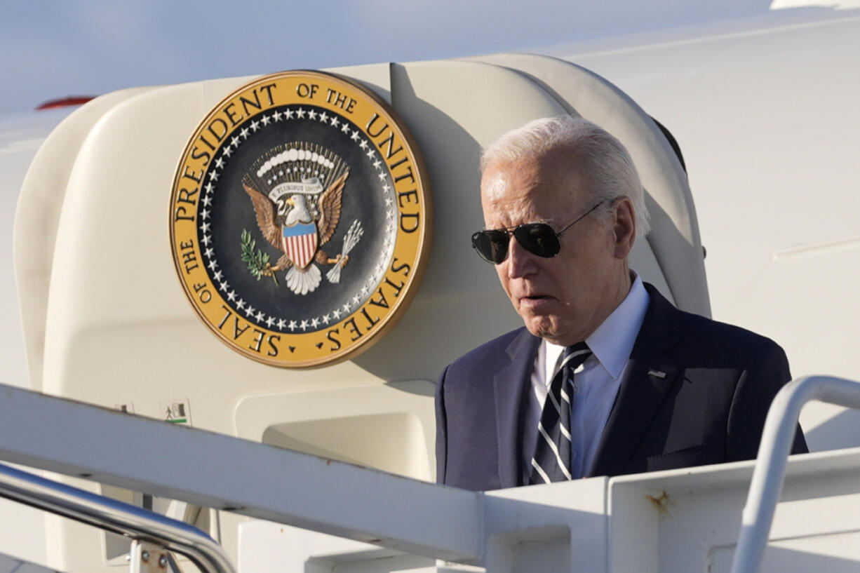 President Joe Biden boarding Air Force One at Andrews Air Force Base, Md., Friday, April 12, 2024, enroute to New Castle, Del.
