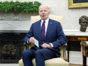 FILE - President Joe Biden speaks during a meeting with Prime Minister Petr Fiala of the Czech Republic in the Oval Office at the White House, April 15, 2024. Biden&rsquo;s latest plan for student loan cancellation is moving forward as a proposed regulation, offering him a fresh chance to deliver on a campaign promise and energize young voters ahead of the November election. The Education Department on Tuesday filed paperwork for a new regulation that would deliver the cancellation the Democratic president announced last week.