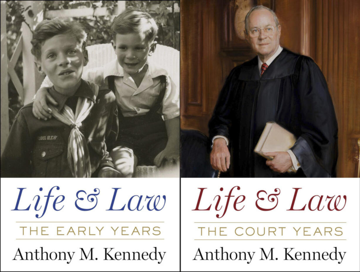 This combination of images shows cover art for a two-volume memoir by retired Supreme Court Justice Anthony M. Kennedy &ldquo;Life and Law: The Early Years&rdquo; and &ldquo;Life and Law: The Court Years&rdquo; to be published Oct. 1.