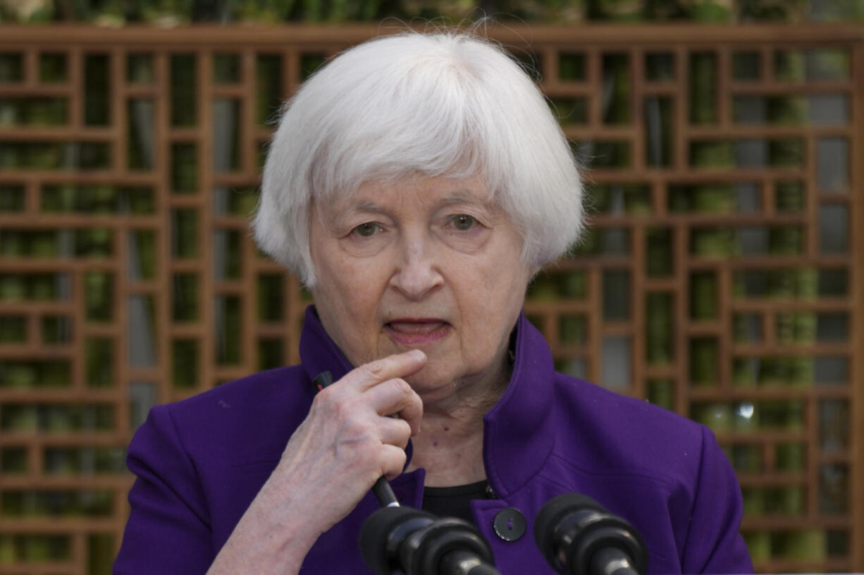 U.S. Treasury Secretary Janet Yellen attends a press conference in Beijing, China, Monday, April 8, 2024. Ever since she ate mushrooms that can have psychedelic effects in Beijing last July, Americans and Chinese have been united in their interest in what Janet Yellen will eat next.