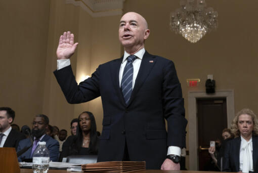Homeland Security Secretary Alejandro Mayorkas is sworn-in before the House Committee on Homeland Security during a hearing on &ldquo;A Review of the Fiscal Year 2025 Budget Request for the Department of Homeland Security&rdquo; on Capitol Hill in Washington, Tuesday, April 16, 2024.