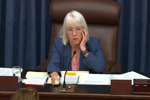 In this image from video from Senate Television, Sen. Patty Murray, D-Wash., listens as she presides over the Senate acting as a court of impeachment, during the impeachment trial of Homeland Security Secretary Alejandro Mayorkas on the Senate floor at the U.S. Capitol, Wednesday, April 17, 2024, in Washington.