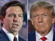 FILE - This combination of photos shows Florida Gov. Ron DeSantis speaking on July 17, 2023, in Arlington, Va., left, and former President Donald Trump speaking in Bedminster, N.J., June 13, 2023. Trump met privately with DeSantis over the weekend, according to two people familiar with the discussion, marking a detente between the former rivals after a brutal primary contest marked by insults and bruised egos.