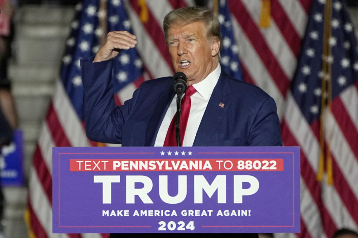FILE - Republican presidential candidate, former President Donald Trump speaks during a campaign rally, July 29, 2023, in Erie, Pa. Trump plans to hold a rally Saturday, April 13, 2024, in northeast Pennsylvania, his last before his criminal hush money trial begins on Monday.