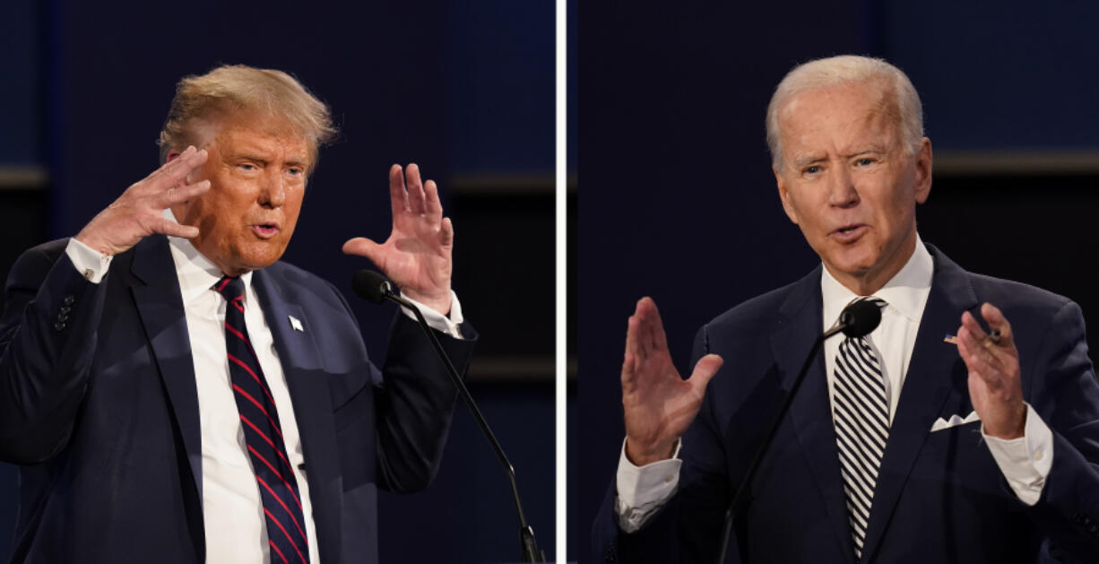 This combination of photos show President Donald Trump, left, and former Vice President Joe Biden during the first presidential debate on Sept. 29, 2020, in Cleveland, Ohio. Twelve news organizations issued a joint statement calling on the presumptive presidential nominees President Biden and former President Trump to agree to debates during the 2024 campaign. ABC, CBS, CNN, Fox, PBS, NBC, NPR and The Associated Press all signed on to the letter.