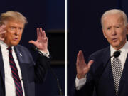 This combination of photos show President Donald Trump, left, and former Vice President Joe Biden during the first presidential debate on Sept. 29, 2020, in Cleveland, Ohio. Twelve news organizations issued a joint statement calling on the presumptive presidential nominees President Biden and former President Trump to agree to debates during the 2024 campaign. ABC, CBS, CNN, Fox, PBS, NBC, NPR and The Associated Press all signed on to the letter.