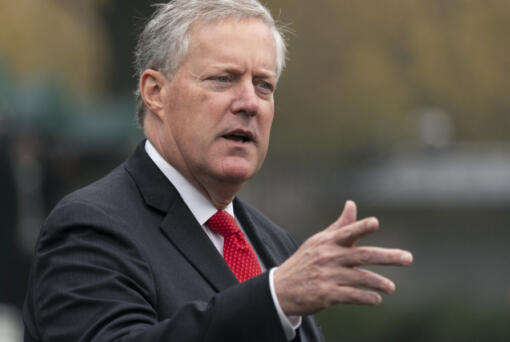 FILE - Mark Meadows speaks with reporters at the White House, Oct. 21, 2020, in Washington. Meadows, chief of staff for former President Donald Trump, was among those indicted Wednesday, April 24, 2024, in an Arizona election interference case.