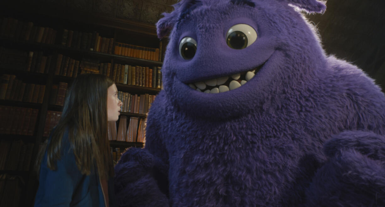 Cailey Fleming, left, with Blue, voiced by Steve Carrell, in a scene from &ldquo;IF.&rdquo; (Paramount Pictures)